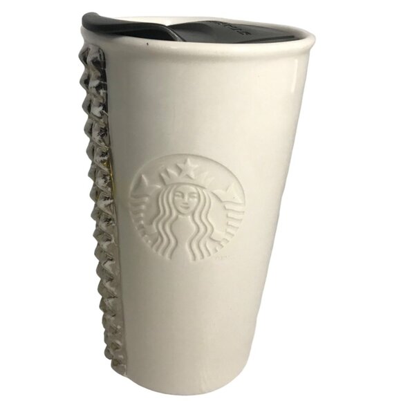 Starbucks Tumbler 2014 White Travel With Lid Silver Studded Ceramic Double Wall - Picture 1 of 12